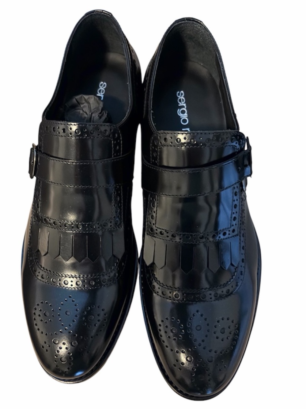 Sergio Rossi Black Patent Leather Wingtip Monk Strap Oxfords